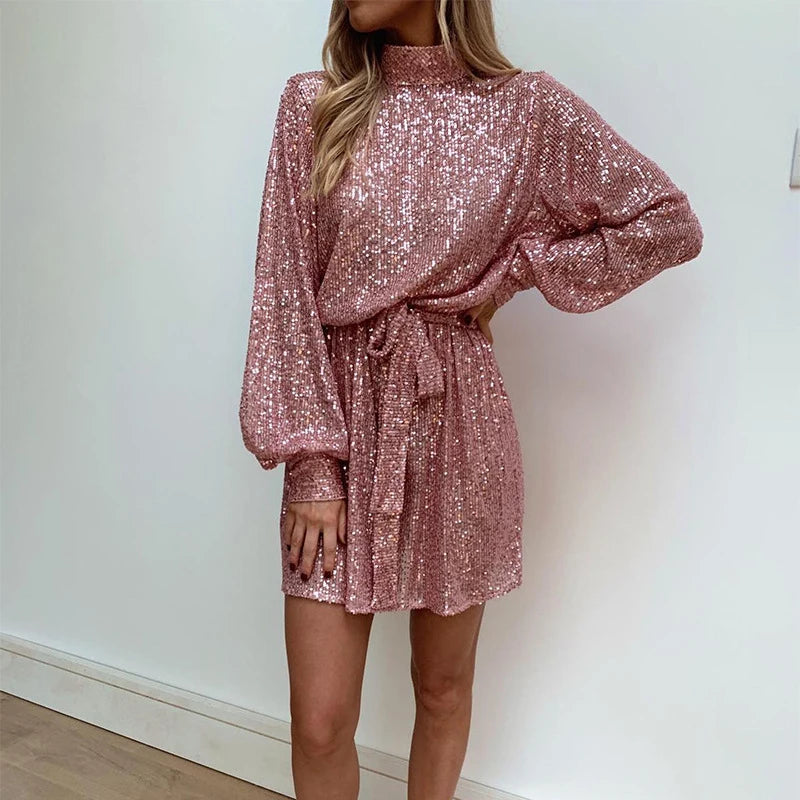 2024 Casual Solid Color Waist Short Dress Fashion Shiny Sequin Lace Up Party Dress New Autumn Women's O-neck Long Sleeved Dress