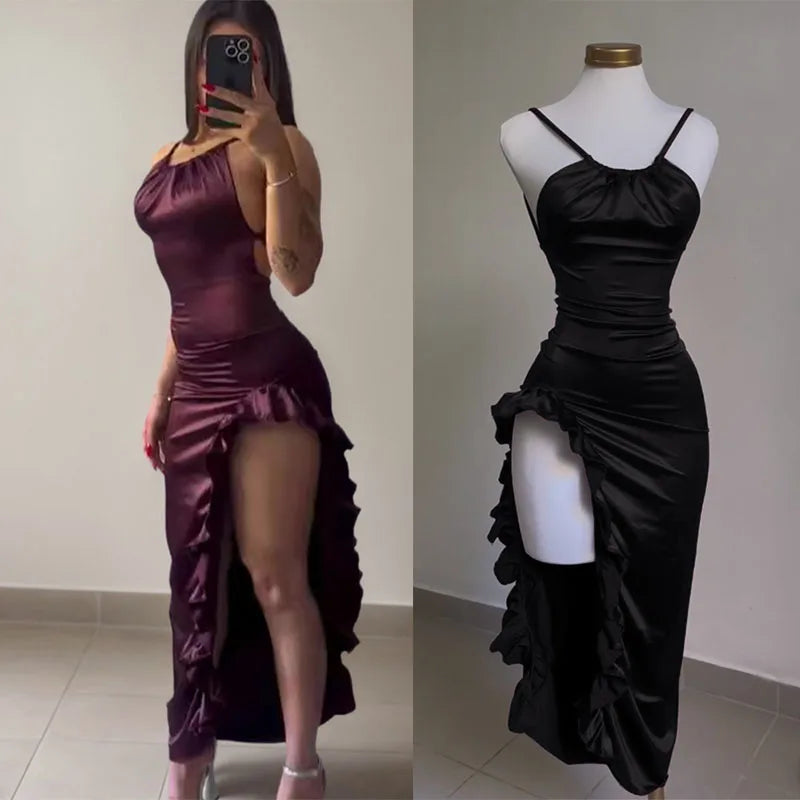 Women's Fashion Sexy Bodycon Backless Silm Dress Pleated Soild Y2k High Waisted Sling Long Dresses Girl Party Sundress Vestidos