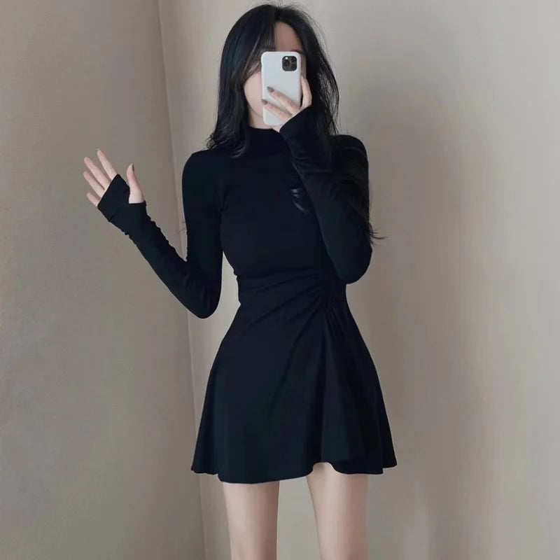 Spring Autumn Stylish Folds Dresses Waist Female Clothing Solid Color Basic Half High Collar Elegant A-Line Korean Mini Dress