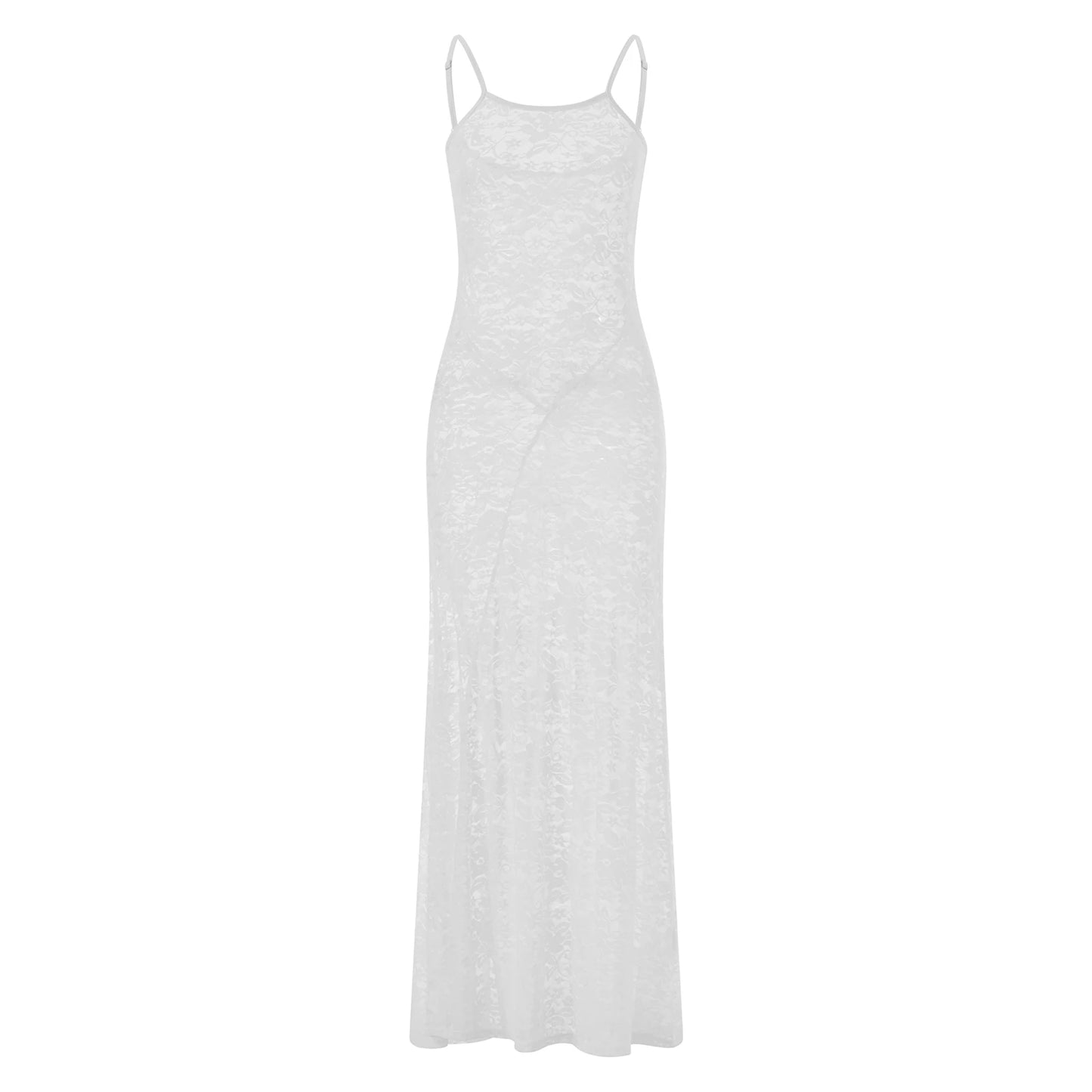 hirigin Sexy Women Lace Floral Long Dress Sexy Mesh See Through Summer Dress Sleeveless Strap White Beach Female Vestido 2024