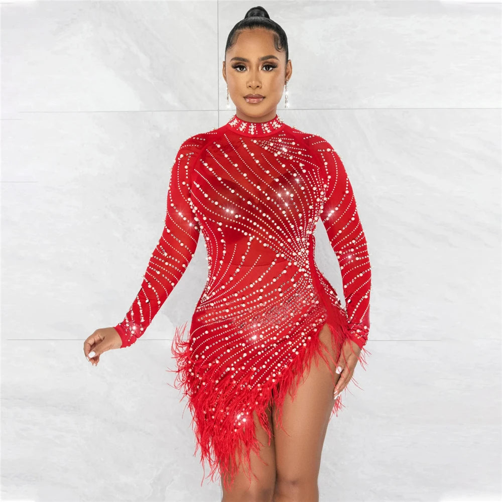 iDress Sexy Pearls Rhinestone Party Dresses Women Elegant Nightclub Feather Birthday Dress Long Sleeve Mesh Sheer Bodycon Dress