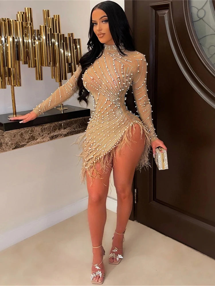 iDress Sexy Pearls Rhinestone Party Dresses Women Elegant Nightclub Feather Birthday Dress Long Sleeve Mesh Sheer Bodycon Dress