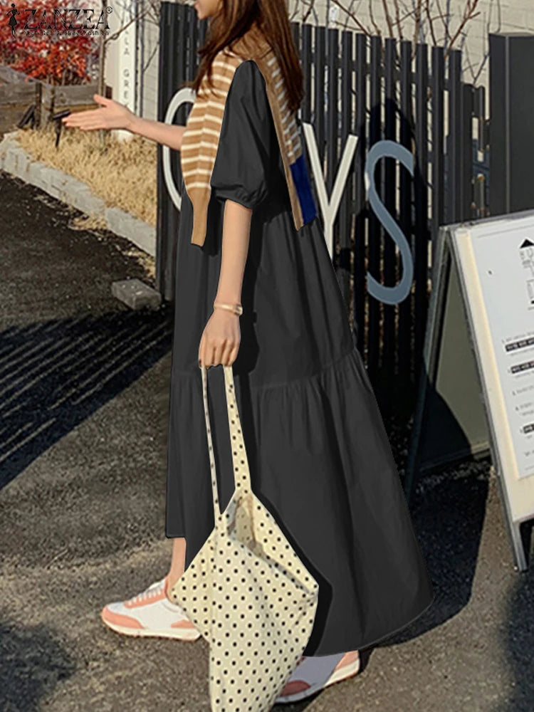 ZANZEA Woman Fashion Split Hem Dress Autumn 3/4 Sleeve Lapel Neck Maxi Robe Elegant OL Work Sundress Casual Street Vestidos 2023