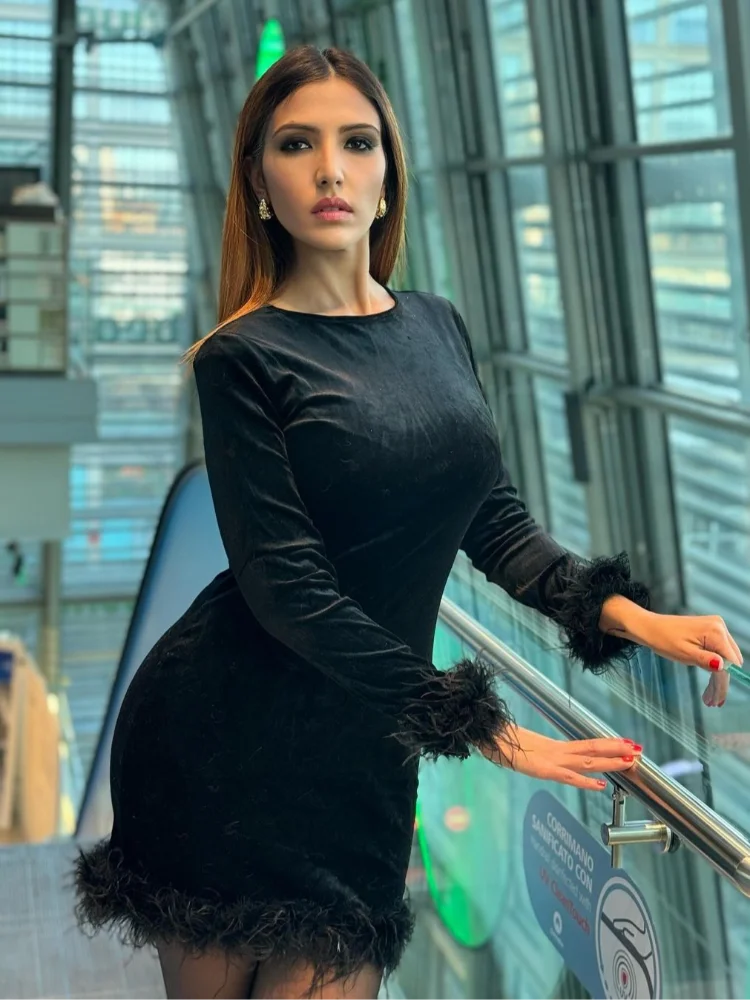 Elegant Velvet Feather Short Dress Women Black Slim O-neck Long Sleeve Hip Package Dresses Female 2025 Spring Lady Ball Gown