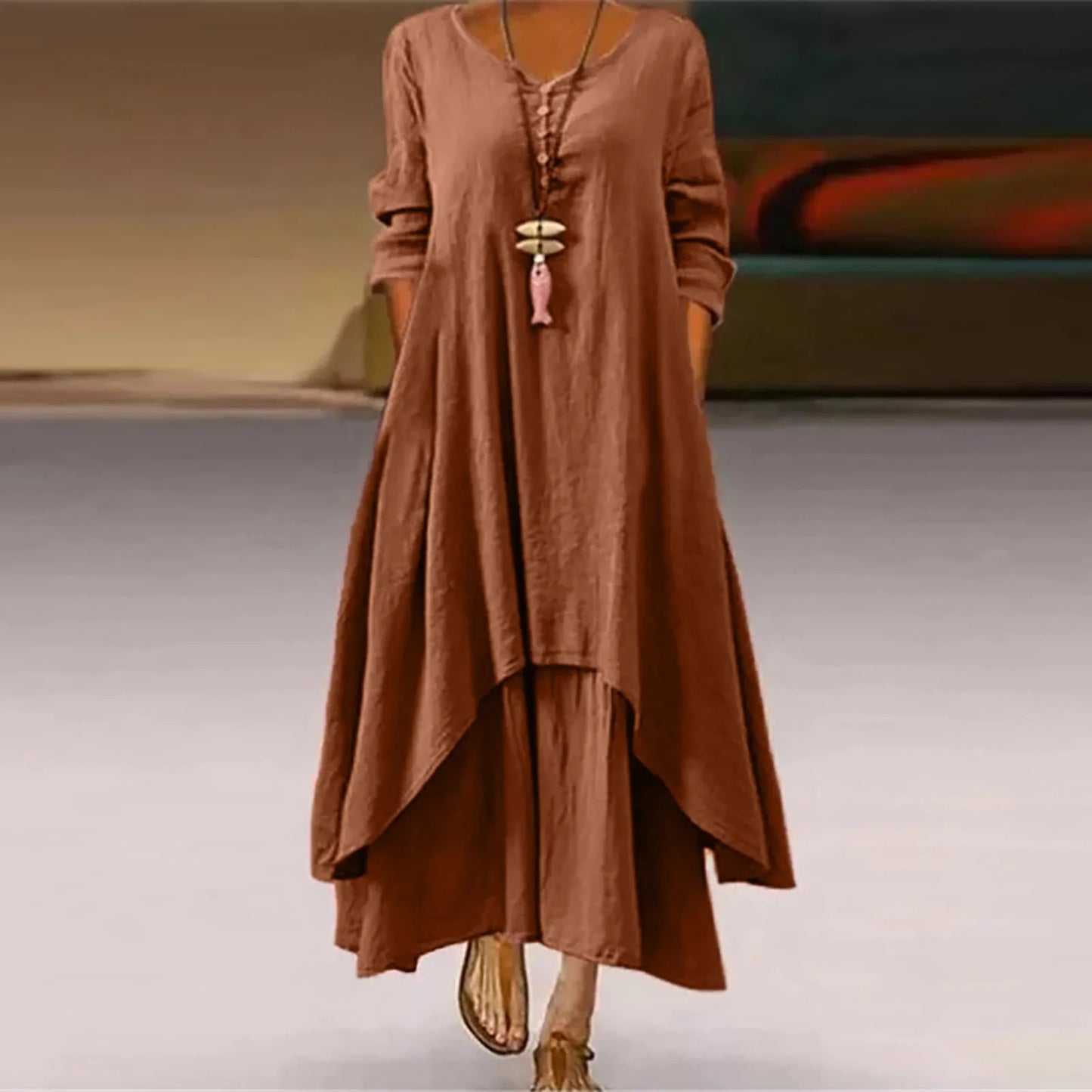 Cotton Women'S Casual Fashion Loose Long Dress With Button Solid Color Dresses