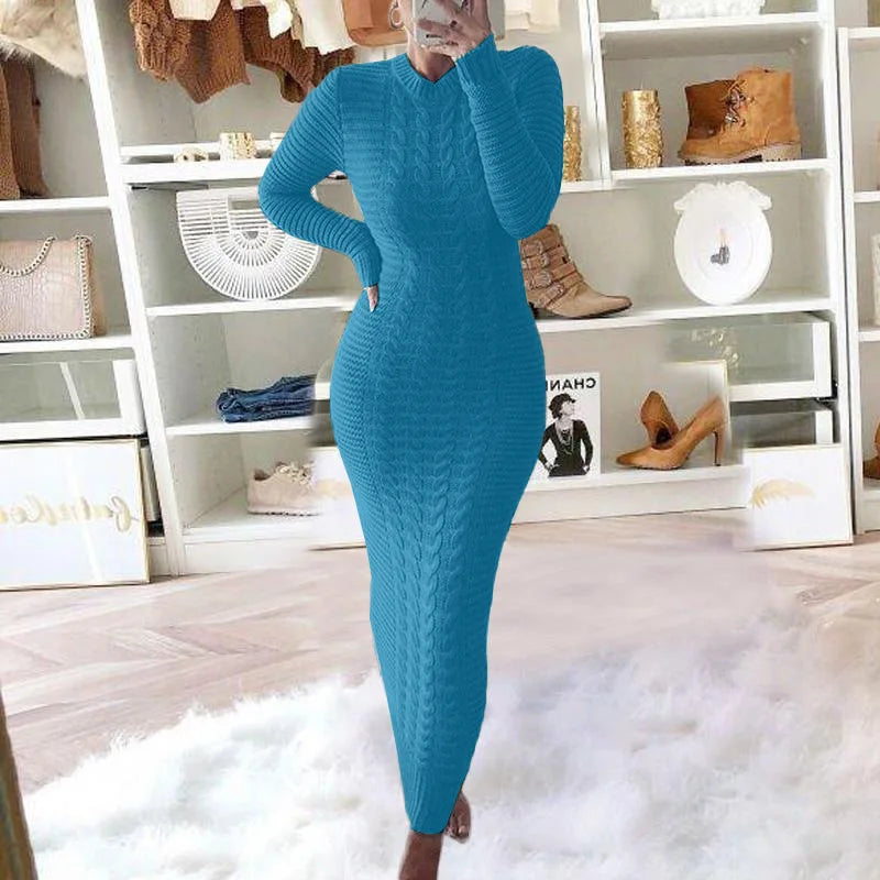 Women Long Maxi Sweater Dress Sexy Half Turtlenck Long Sleeve Tunic Knitwear Ankle Length Bodycon Party Dresses XXBLH-2808