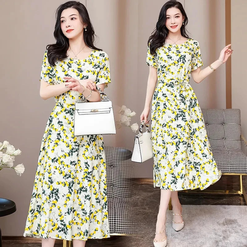 Short Sleeve Cotton Vintage Print Dresses for Women Casual Loose Long Summer Dress Vestidos De Fiesta Elegantes Para Mujer 2024