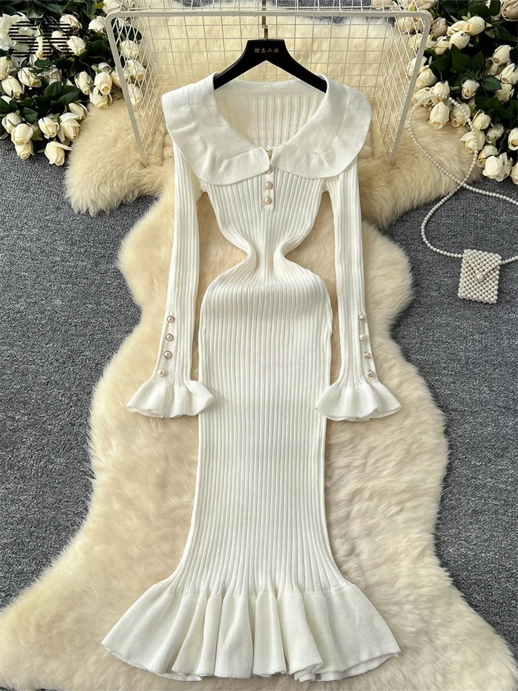 SINGREINY Autumn Vintage Knit Dress Women Pearl Button Design Peter Pan Collar Flare Sleeve Winter Newest Slim Casual Dresses