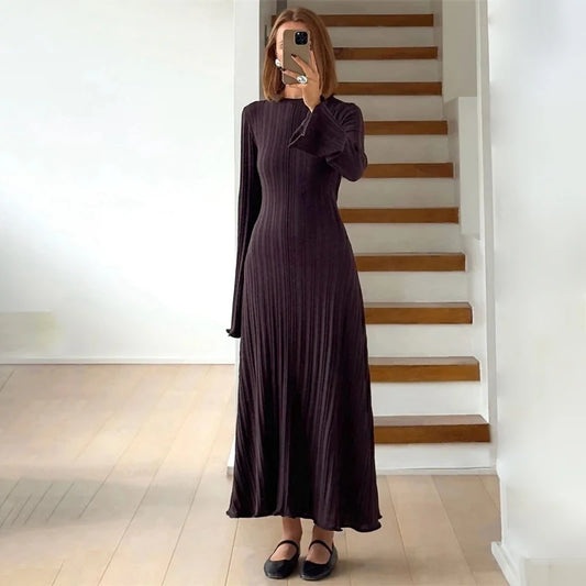 Knitwear Fashion Loose Maxi Dress Women Lace-Up High Waist Ribbed Long Sleeve Party Dress Female Knit Bandage Long Dress 2024