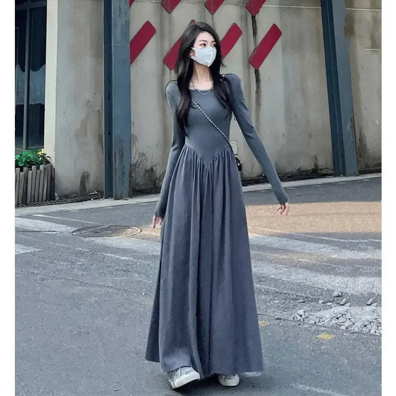 Elegant French Style Long Sleeve Black Dress For Women Korean Version 2024 Early Autumn Commuting A- line Inner Long Dress