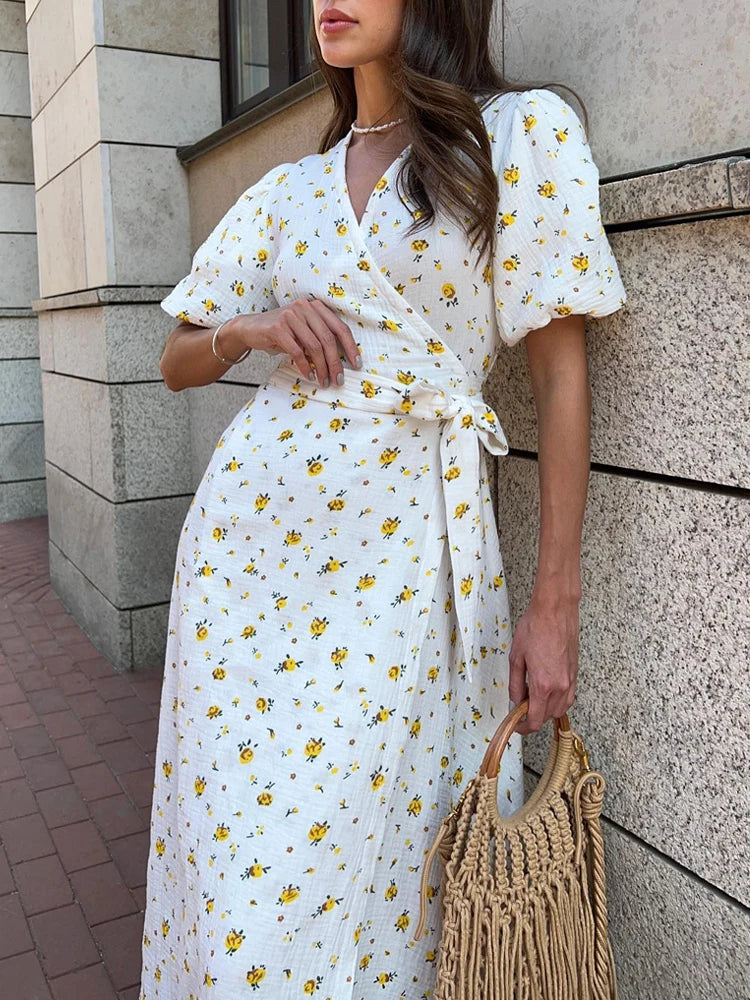 Casual Women's Summer Dresses 100% Cotton Floral Print A-line Midi Dress with Side Slits Long Elegant White Dress for Women 2024