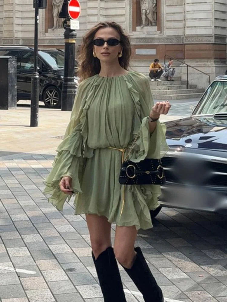 Women Fashion Green Ruffle Pleated Mini Dress Casual Long Flare Sleeve High Waisted Vestidos 2024 Lady Vacation Elegant Sundress