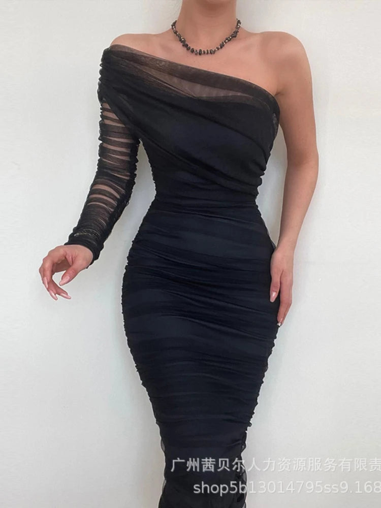 Dress Women Long Dresses Off Shoulder Full Sleeve Sexy Solid Slim Fit Tight Waist Hip Wrap Vestidos Elegant Splice Autumn