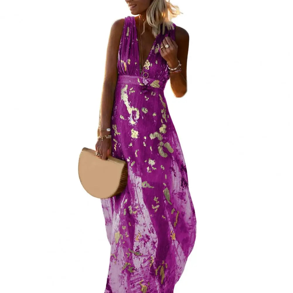 Flowy Hem Quick Drying Ankle-Length Summer Elegant Bronzing Printing Beach Party Maxi Dress Holiday Dress Streetwear