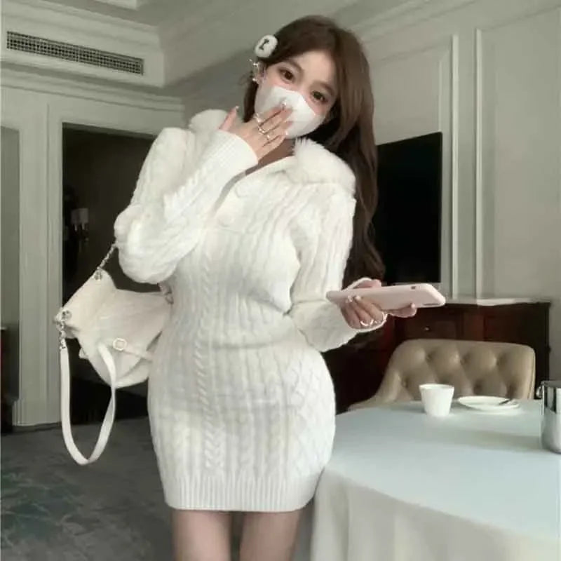 Sweet Knitted Mini Dress Women Y2K Autumn Winter Hooded Kawaii Slim Dress Female Elegant Christmas Warm Pullover A Line Dress