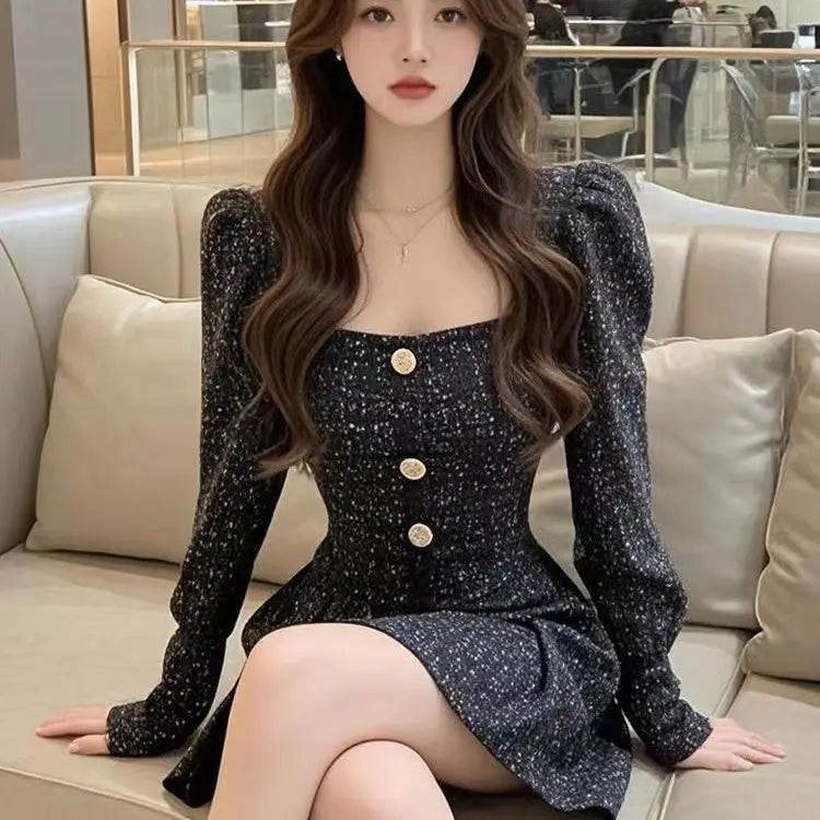 Black Square Neck Dress Women's New Style Light Luxury Waist Cinching Slimming A-line Short Skirt