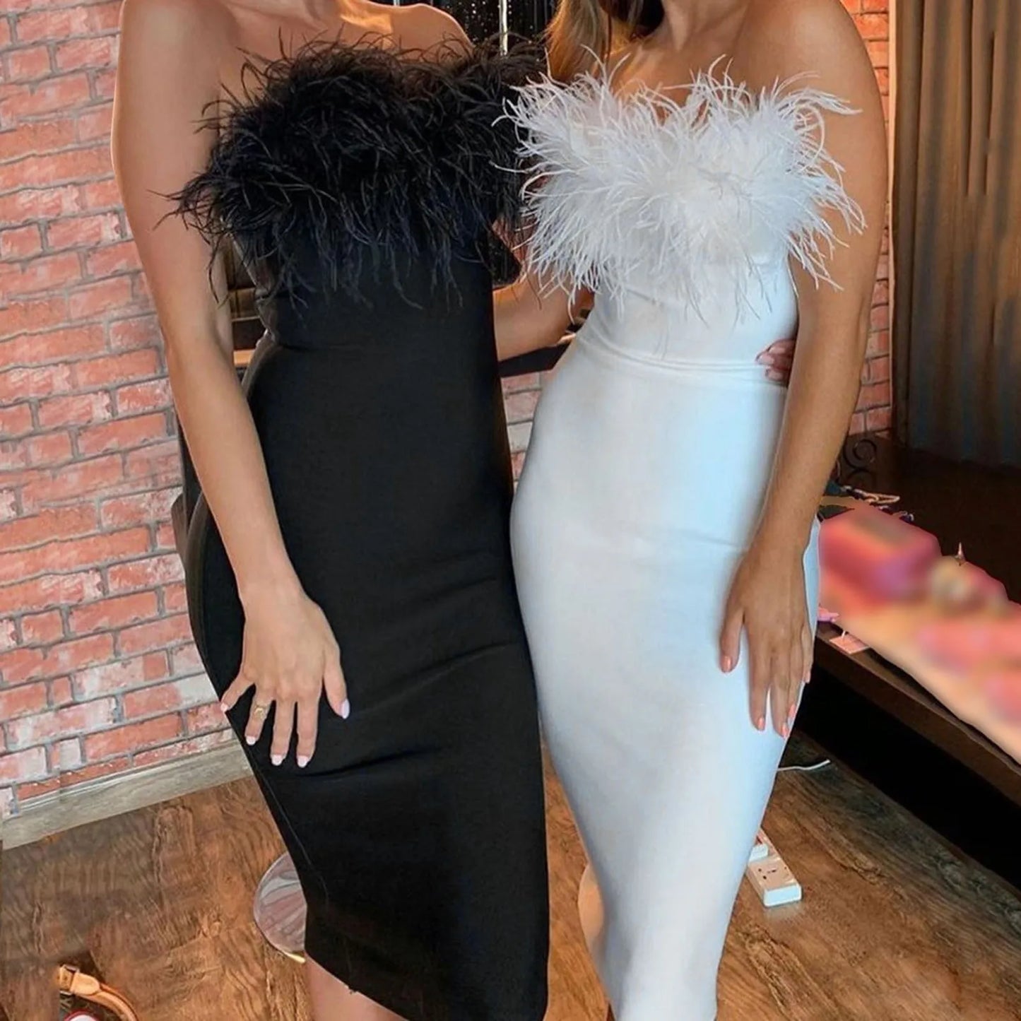 Women's Sexy Feather Bodycon Dress Fashion Strapless Backless Black White Midi Dresses Ladies Evening Party Club Prom Dress