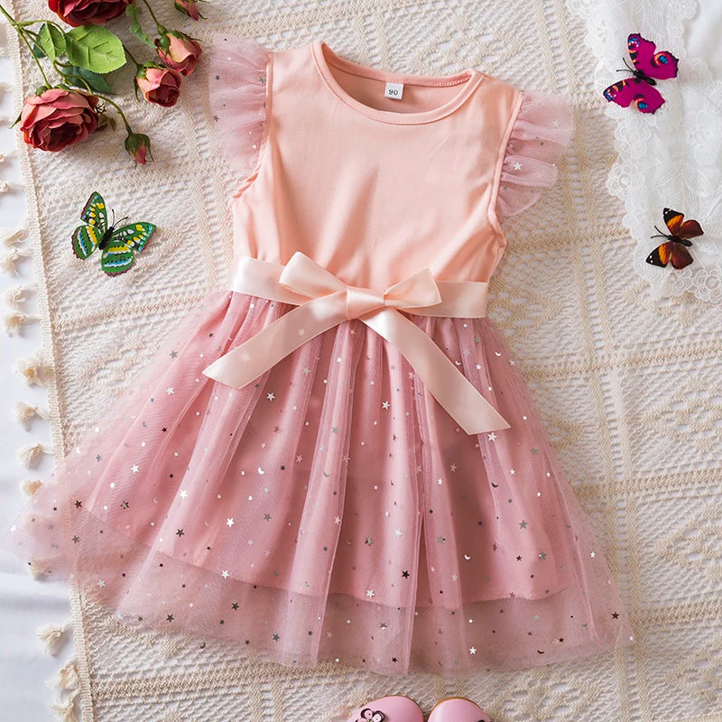 2024 New in Dress Solid Sequin Summer Dress 2 4 6 Years Kid's Princess Dress Fly Sleeve Elegant Cute Birthday Party Dress