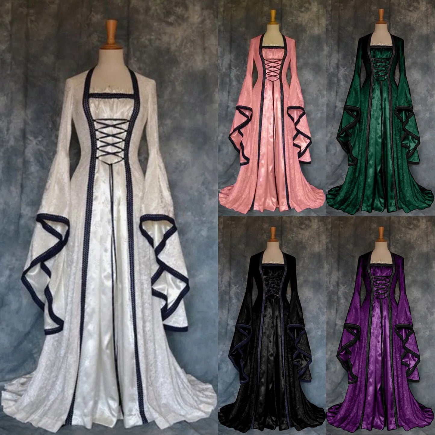 Green Court Style Floor-length Long Dress Women's Vintage Big Swing Sleeve Halloween Medieval Renaissance Palace Maxi Dress