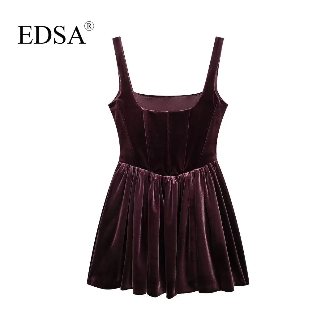 EDSA Women Gathered Corsetry-inspired Mini Dress with Straps Square Neckline Side In-seam Pockets Short Dresses