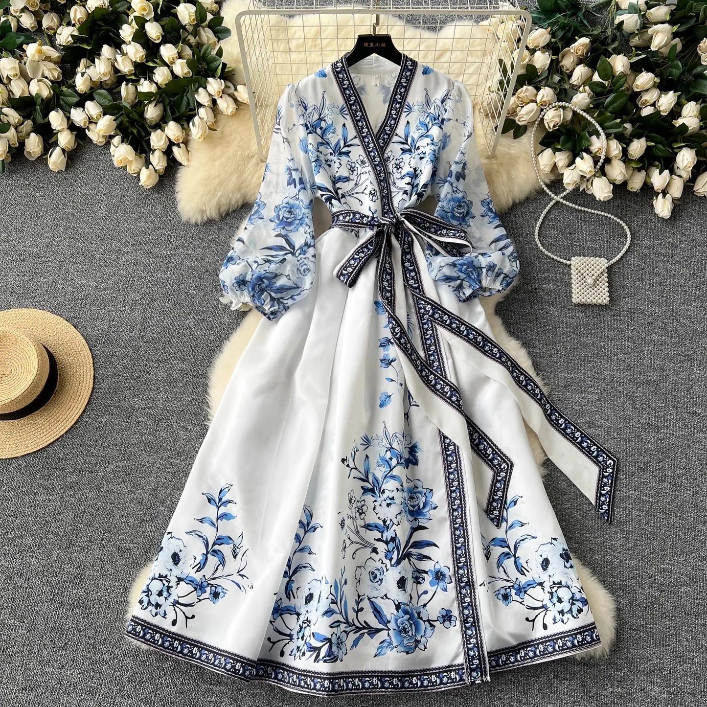 French Gorgeous Flower Holiday Long Dress Women's V-Neck Long Lantern Sleeve Lace Up Vintage Maxi Robes Party Vestidos Clothes