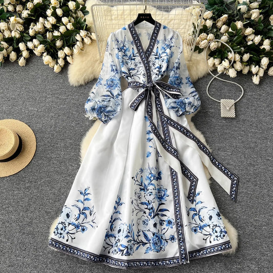 French Gorgeous Flower Holiday Long Dress Women's V-Neck Long Lantern Sleeve Lace Up Vintage Maxi Robes Party Vestidos Clothes