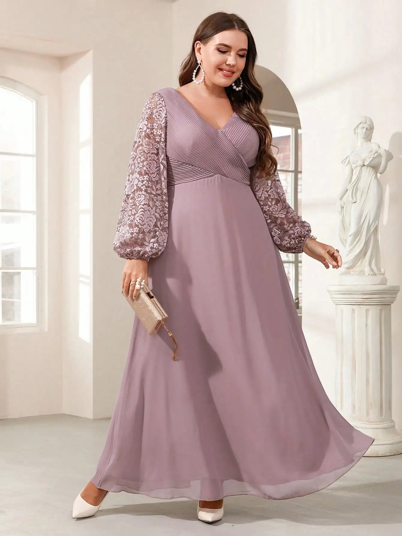 Mgiacy Plus-size V-neck lace patchwork cross lantern sleeve Romantic chiffon evening ball dress Party dress