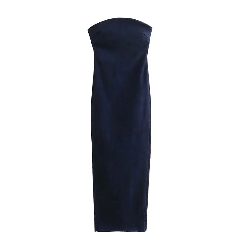 Elastic Denim Strapless Dress Woman Summer Sexy Backless Split Maxi Dress Female Off Shoulder Midi Dress Evening Party Vestidos