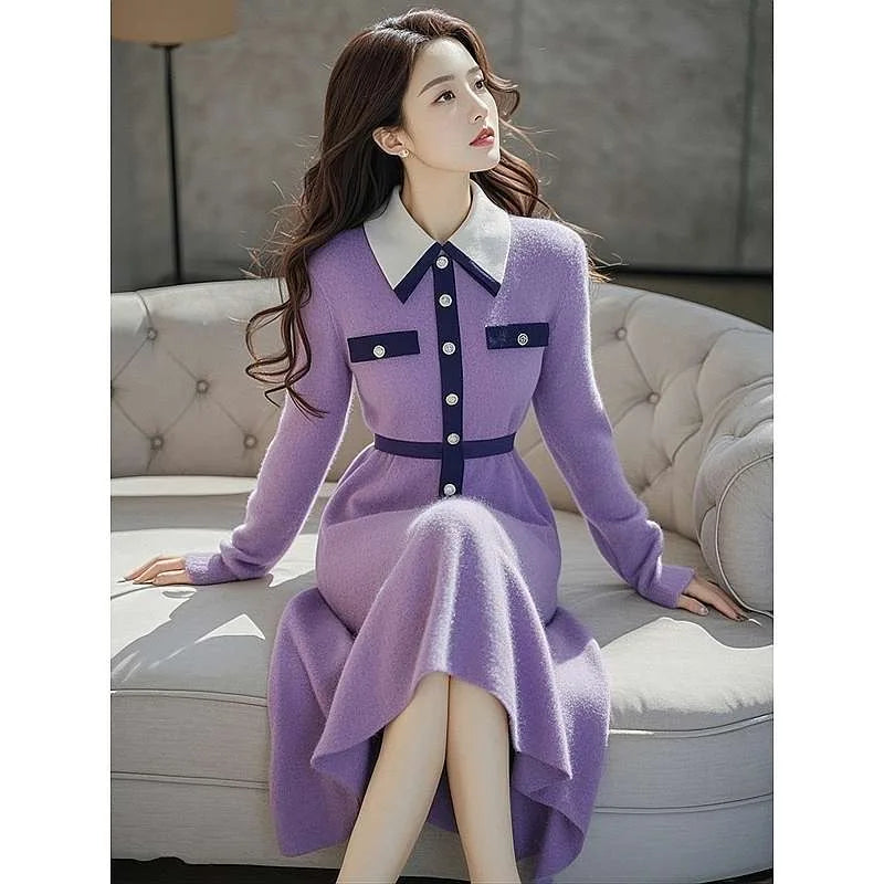 French Elegant Women Turn Down Collar Thick Knitting Sweater Dress New Autumn Winter Purple Hit Color Slim Elastic Midi Vestidos