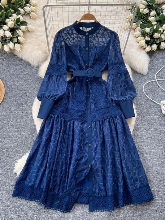 2025 Spring Autumn French Flower Embroidery Dresses Women's Long Lantern Sleeve Single Breasted Belt Evening Party Vestidos