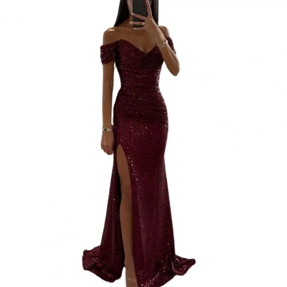 Women V-Neck Off Shoulder Maxi Dress Sequin Pleated Short Sleeve Waist Tight Evening Party Prom Dress Slim Sexy Split Long Dress