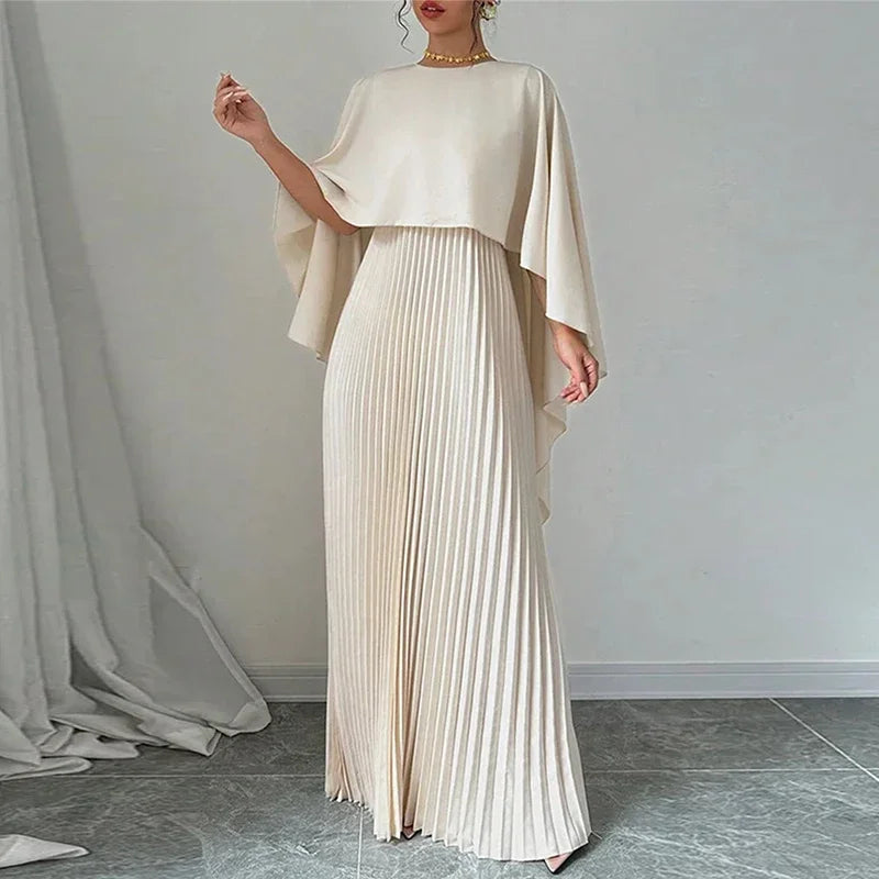 Women Elegant Crew Neck Irregular Shawl & Vest Pleated Dresses Autumn Solid Color Cloak 2 Piece Set Loose Evening Gown Vacation