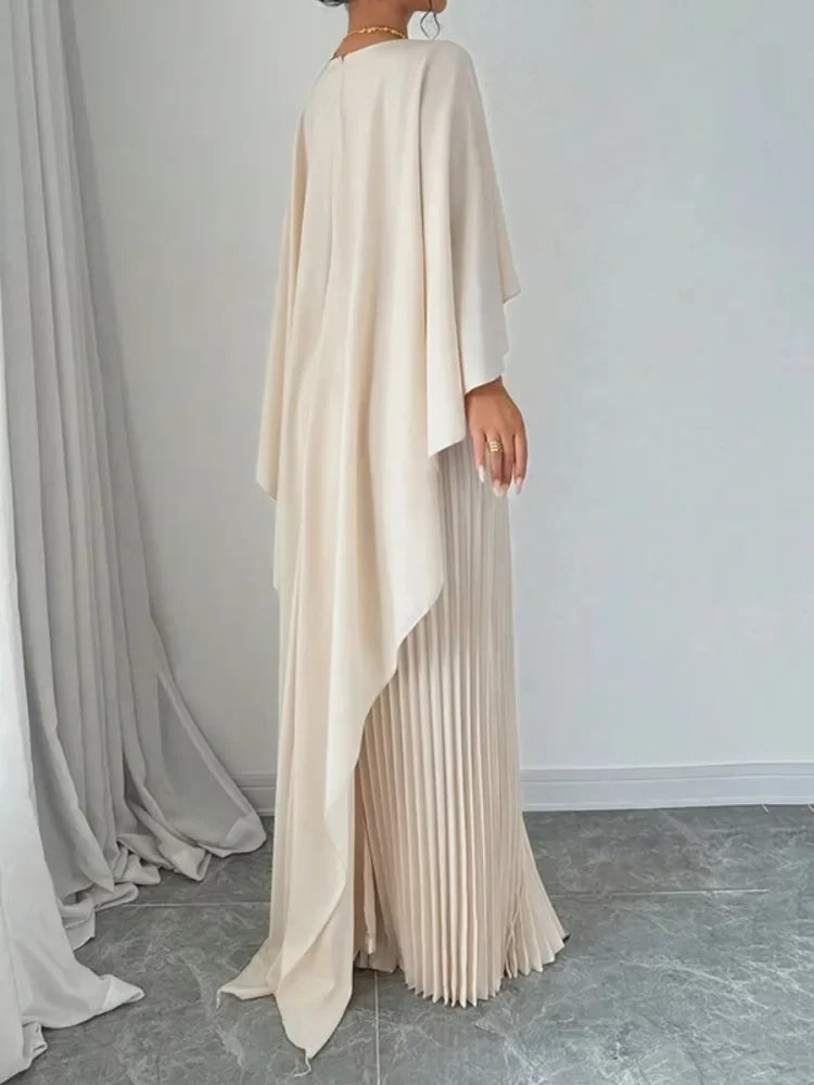 UOOZEE 2024 New Female Stylish High-Low Party Evening Maxi Dresses Spring Autumn Cape Sleeves Solid Color Pleated Long Dress