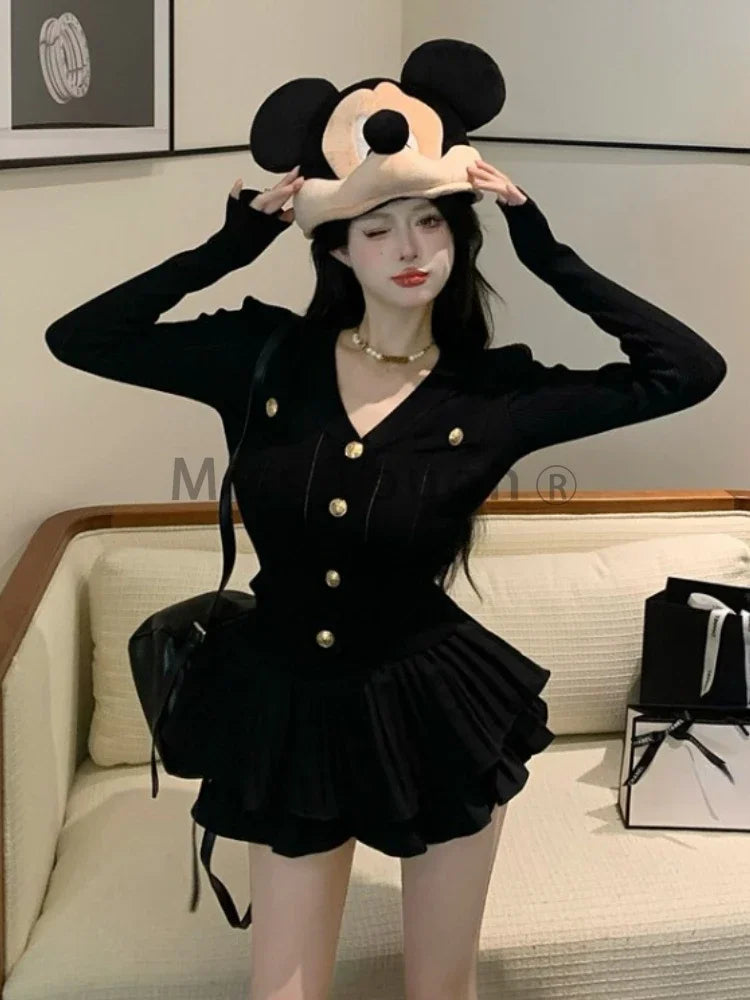 Winter Elegant Knitted Two Piece Set Women V-neck Sweater Tops+Cake Skirt Female Casual Korean Fashion Slim Vintage Set 2024 New