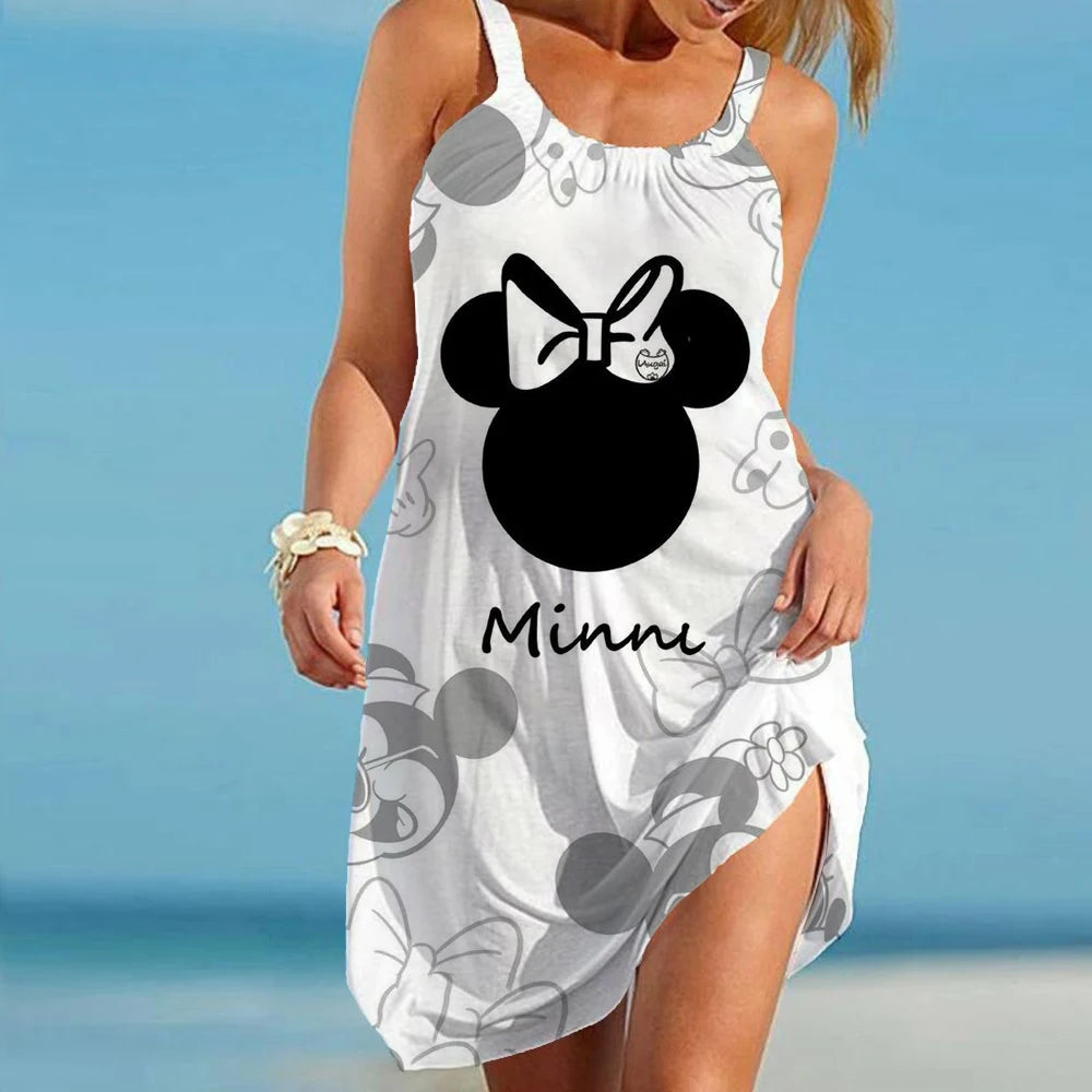 Disney Minnie Mickey Mouse Women Dresses 3D Dye Print Fashion Sleeveless Summer Halter Casual Sexy Dress Loose Kawaii Dress