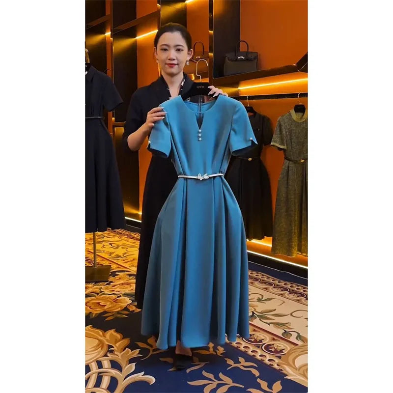 Summer New Women Elegant Midi Party Dress Fashion Button Solid Color Short Sleeves High Waist Office Lady Pleated Vestidos 064P