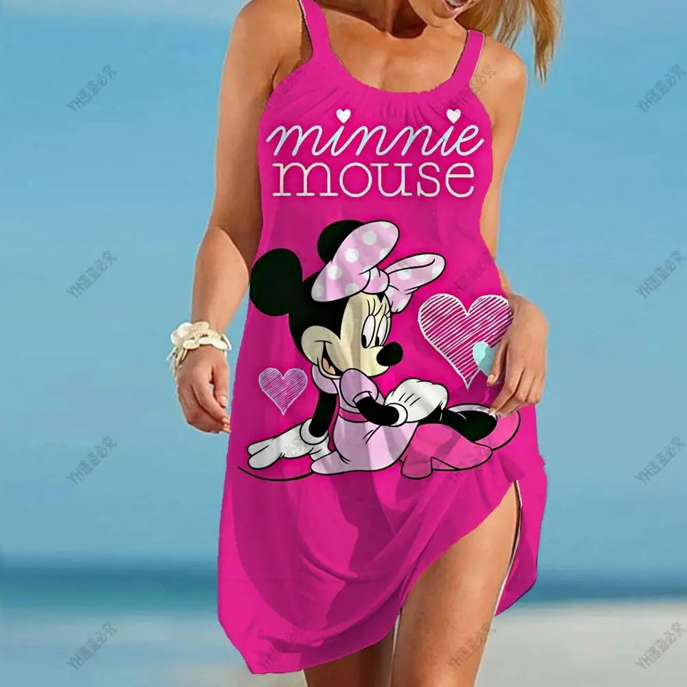 Disney Minnie Mickey Mouse Women Dresses 3D Dye Print Fashion Sleeveless Summer Halter Casual Sexy Dress Loose Kawaii Dress