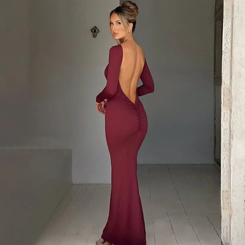 Women's Red Fashion Commuter Banquet ins Slim Long Sleeve Backless Sexy Package Hip Dresses