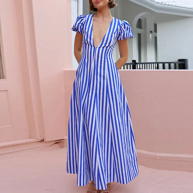 Fashion Holiday Beach Big Hem Dresses Female Striped Print High Waist A-line Long Dress Sexy Deep V Neck Puff Sleeve Party Dress