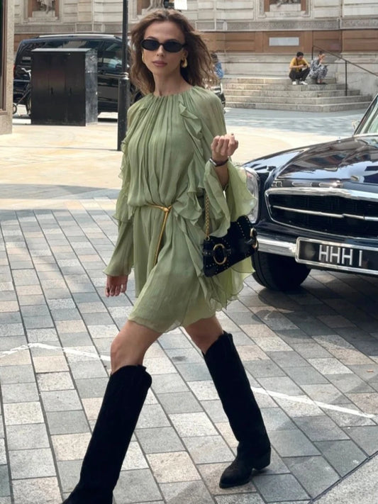 Elegant Green Ruffles Flared Sleeve Mini Dress Fashion Oversized Pleated Mesh Women's Vestidos 2025 Lady Highstreet Dresses New