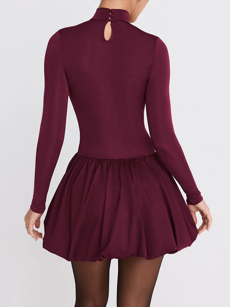 Fantoye Patchwork Turtleneck Long Sleeve Women Mini Dress Burgundy High Waist A-line Dress Female Winter Slim Elegant Streetwear