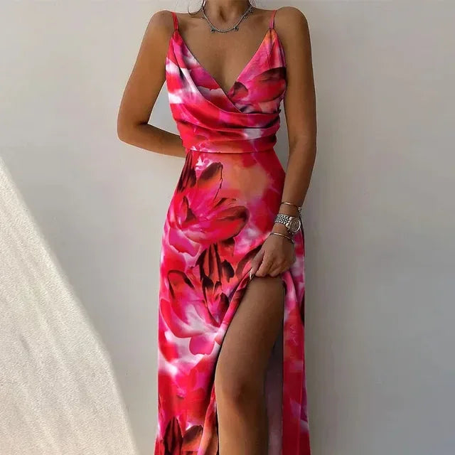 Summer 2024 Women Print Camisole V Neck Sleeveless Dress A Line Spaghetti Strap Sexy Split Evening Skirt Prom Long Dresses