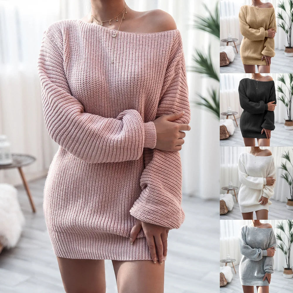 Autumn and Winter Women's Dresses One-Word Collar Louj Casual Loose Knitted Sweater Dress Short Dresses Casual Dress for Women