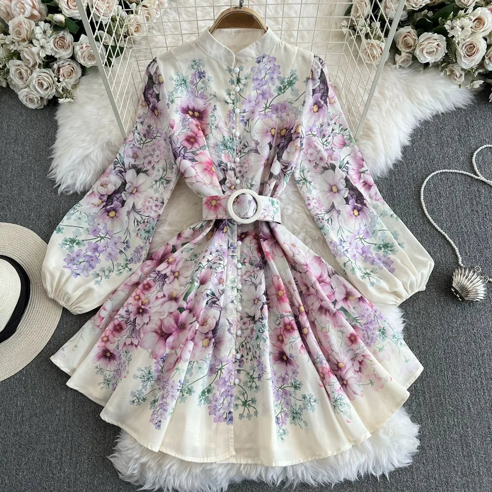 Neploe High Waist A-line Stand Collar Lantern Sleeve Vestidos Print French Style Vintage Slim Fit Femme Robe Court Belt Dresses