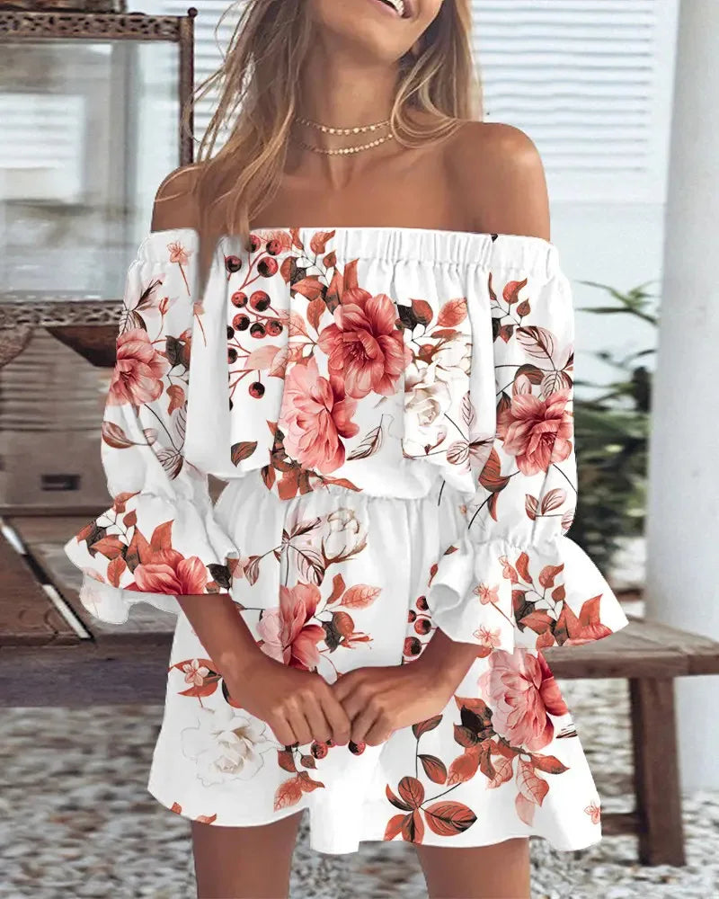 New women's sexy fashion one-shoulder printed dress