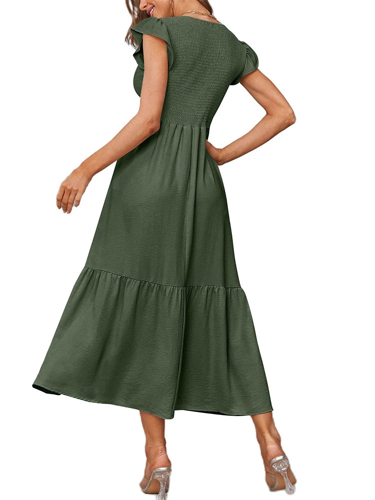 Women's Casual Summer Maxi Dresses with Pockets Short Ruffle Sleeve Smocked Tiered Long Dress Beach Sundress Basic Solid 2024