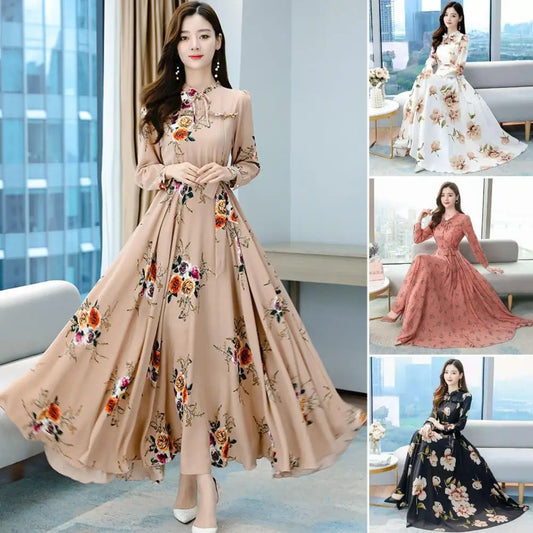 Women Maxi Dress Temperament Loose Hem Tight Waist Flower Print Lace Up Dress-up Long Sleeves A-line Banquet Dress Female Clothe