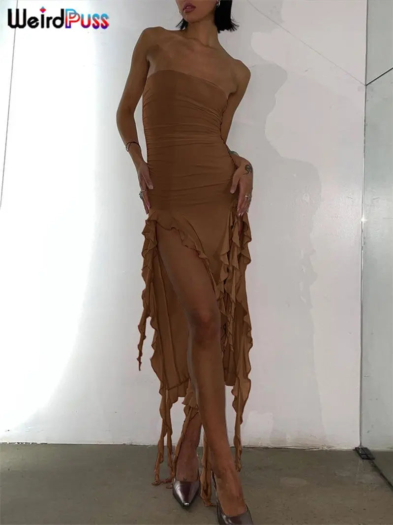 Weird Puss Elegant Strapless Dress Women Irregular Tassel 2023 Summer Trend Skinny Split Maxi Bodycon Birthday Party Clubwear