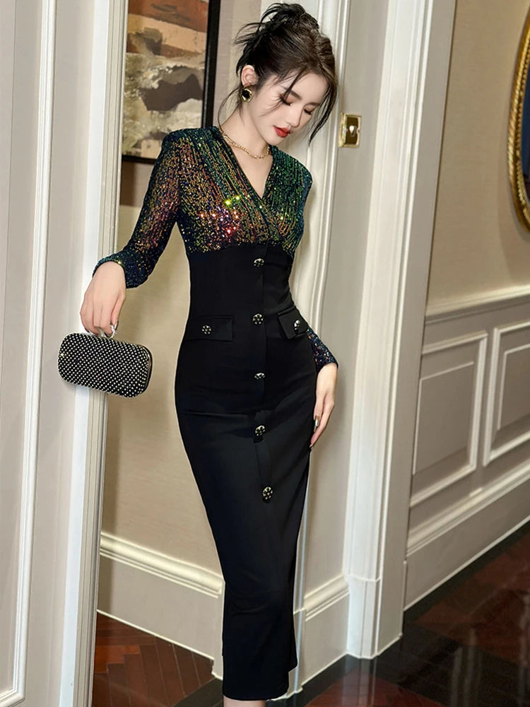 Luxury Elegant Annual Party Dress Women French Colorful Sequins Black Bodycon Single Breasted Robe Femme Banquet Prom Vestidos