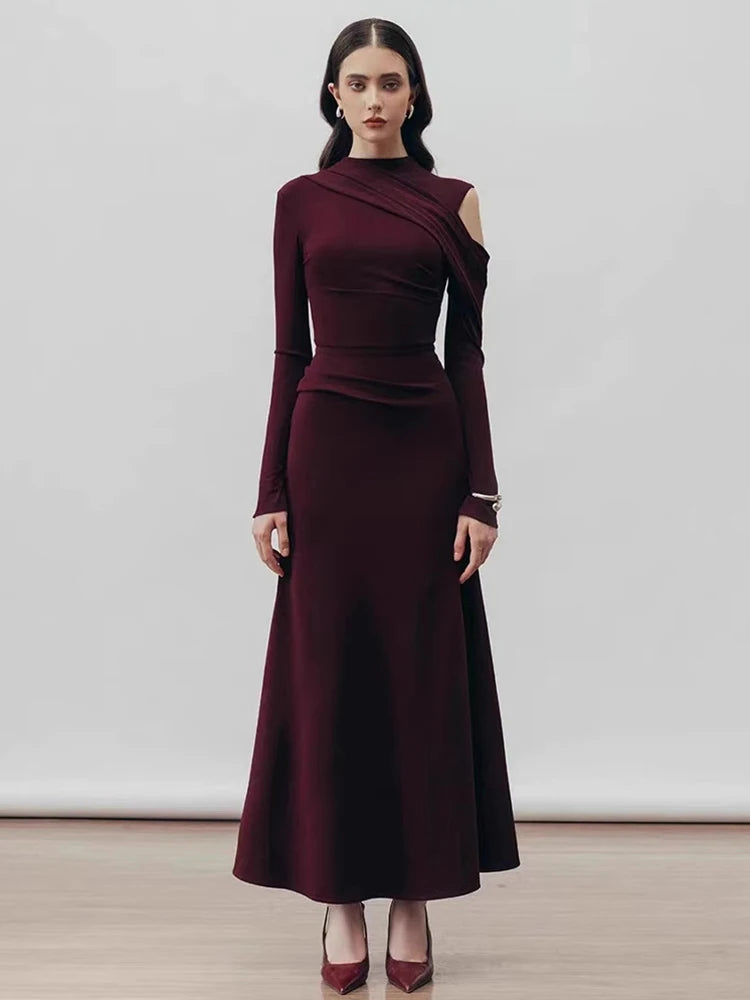 DEAT Elegant Dress Half High Collar Hollow Out Asymmetric Long Sleeves Mid-calf Women's Party Dresses 2025 Spring New 13DL999